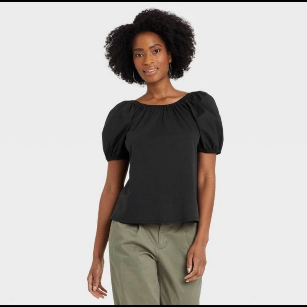 Puff Short Sleeve Tie-Back Top; Black, Small-A New Day